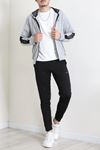 Kapüşonlu Şeritli Fermuarlı 2 İplik Erkek Sweatshirt Gri