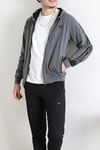 Kapüşonlu Şeritli Fermuarlı 2 İplik Erkek Sweatshirt Füme