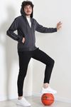 Kapüşonlu Şeritli Fermuarlı 2 İplik Erkek Sweatshirt Antrasit