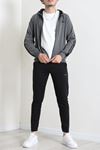 Kapüşonlu Şeritli Fermuarlı 2 İplik Erkek Sweatshirt Füme