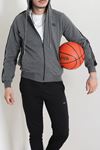 Kapüşonlu Şeritli Fermuarlı 2 İplik Erkek Sweatshirt Füme