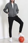 Kapüşonlu Şeritli Fermuarlı 2 İplik Erkek Sweatshirt Füme