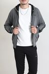 Kapüşonlu Şeritli Fermuarlı 2 İplik Erkek Sweatshirt Füme