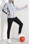 Kapüşonlu Şeritli Fermuarlı 2 İplik Erkek Sweatshirt Gri
