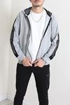 Kapüşonlu Şeritli Fermuarlı 2 İplik Erkek Sweatshirt Gri