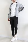 Kapüşonlu Şeritli Fermuarlı 2 İplik Erkek Sweatshirt Gri