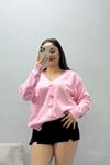 Kadın V Yaka Düğmeli Triko Hırka Pembe