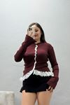 Kadın Dantel Detaylı Triko Hırka Bordo Model TV-95878