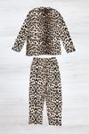 5-12 Yaş Baskılı Süet Düğmeli Çocuk Pijama Takımı Leopar