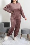 Kadın Fransız Kadife Büyük Beden Pijama Takımı Kahve