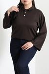 Kadın Çıtçıtlı Polo Yaka Büyük Beden Modal Bluz Açık Kahve