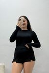 Kadın Dik Yaka Parmak Geçmeli Viskon Body Siyah