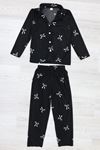 5-12 Yaş Baskılı Süet Düğmeli Çocuk Pijama Takımı Siyahkurdele