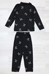 5-12 Yaş Baskılı Süet Düğmeli Çocuk Pijama Takımı Siyahkurdele