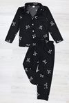 5-12 Yaş Baskılı Süet Düğmeli Çocuk Pijama Takımı Siyahkurdele