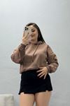 Kadın 3 İplik Kapşonlu Crop Sweat Kahve