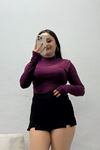 Kadın Buzzy File Detay Dik Yaka Uzun Kol Bluz Mürdüm