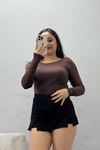 Kadın Buzzy Kumaş Sırt Dekolteli Body Kahve