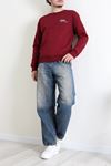 Bisiklet Yaka Baskılı Şardonlu 3 İplik Erkek Sweat Bordo