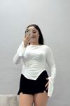 Dalgıç Düz Uzun Kol Büzgülü Kadın Body Ekru