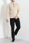Yarım Fermuarlı Polar Erkek Sweat Bej