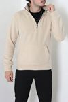 Yarım Fermuar Kanguru Cepli Erkek Polar Sweat Bej