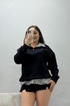 Kadın 3 İplik Şardonlu Gömlek Detay Sweat Siyahfüme