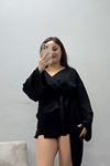 Kadın Kruvaze Yaka Bağlamalı Modal Kimono Bluz Siyah