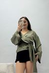 Kadın Kruvaze Yaka Bağlamalı Modal Kimono Bluz Çağla