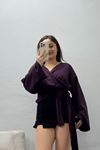 Kadın Kruvaze Yaka Bağlamalı Modal Kimono Bluz Mürdüm