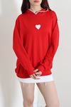 Kadın Modal Kalpli Kapşonlu Sweatshirt Kırmızı
