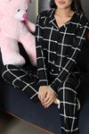 Kadın Süet Düğmeli Pijama Takımı Siyah Beyaz