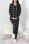 Kadın Süet Düğmeli Pijama Takımı Siyah Beyaz