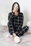 Kadın Süet Düğmeli Pijama Takımı Siyah Beyaz