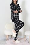 Kadın Süet Düğmeli Pijama Takımı Siyah Beyaz
