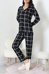 Kadın Süet Düğmeli Pijama Takımı Siyah Beyaz
