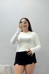 Kadın Bisiklet Yaka Buzzy Ribana Pamuk Geçmeli Body Ekru