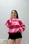 Kadın 2 İplik Baskılı Çizgili Sweat Kırmızıpembe