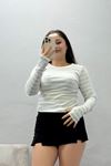 Kadın Parmak Geçmeli Çizgili Kaşkorse Body Gribeyaz