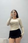 Kadın Parmak Geçmeli Çizgili Kaşkorse Body Bejbeyaz
