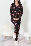 Kadın Süet Düğmeli Pijama Takımı Siyah