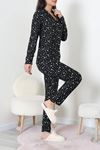Kadın Süet Düğmeli Pijama Takımı Siyahdesenli