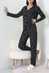 Kadın Süet Düğmeli Pijama Takımı Siyahdesenli