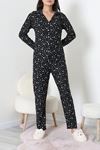 Kadın Süet Düğmeli Pijama Takımı Siyahdesenli