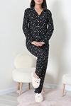 Kadın Süet Düğmeli Pijama Takımı Siyahdesenli