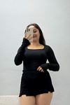 Kadın Kare Yaka Parmak Geçmeli Dalgıç Bodysuit Siyah