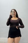 Kadın Kare Yaka Parmak Geçmeli Dalgıç Bodysuit Açık Kahve