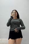 Kadın Parmak Geçmeli Çizgili Kaşkorse Body Siyah Beyaz
