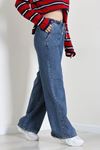 Kadın Beli Lastikli Bol Paça Kot Pantolon Mavi