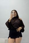 Kadın Çiçek Desenli Degaje Yaka Açık Omuz Balon Kol Bluz Açık Kahve